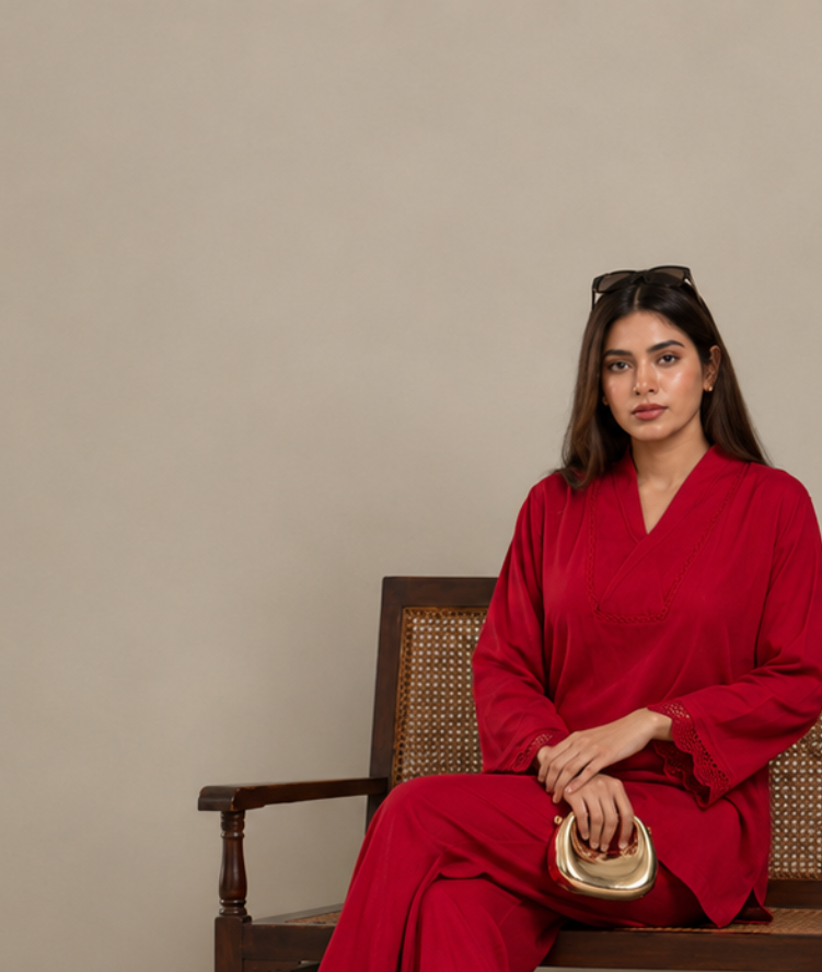 A woman sits on a wooden bench wearing a bright red matching two-piece outfit with a V-neck top and wide-leg pants. She is holding a small round metallic clutch, posed against a neutral beige wall and textured floor.