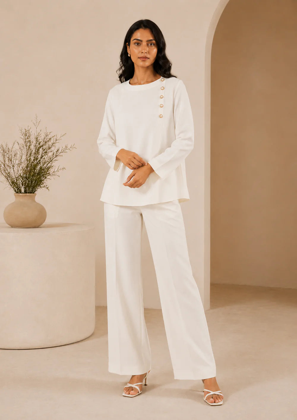 Minimal Off-White Round Neck Tunic Co-Ord Set | 7ByImran