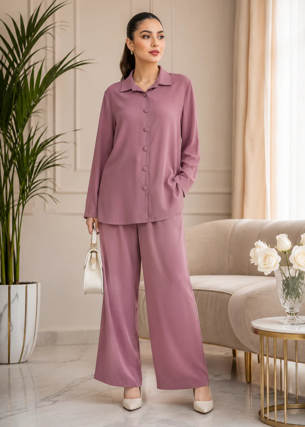 Zinnia Pink Button-Down Georgette Co-Ord Set | 7ByImran